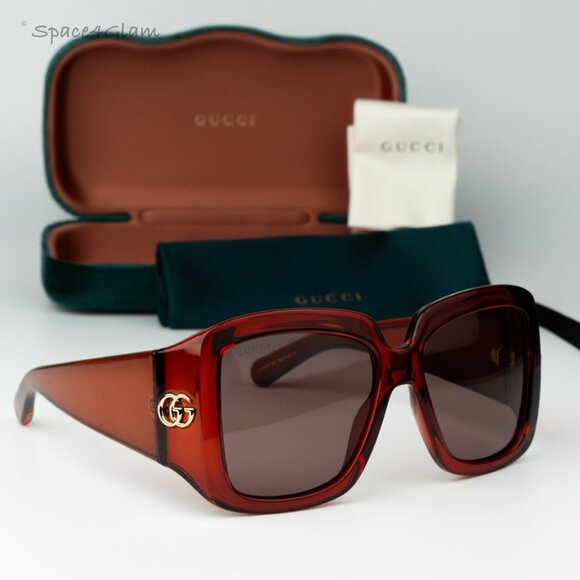 Gucci Women Sunglasses Transparent Burgundy Brown Square GG1402S 003 BRAND NEW - Picture 1 of 8